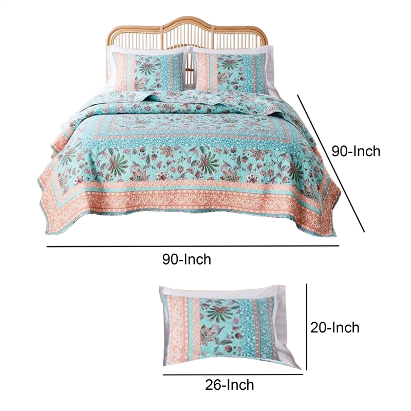 Pemberly Row 3-Piece Full/Queen Quilt with Floral Print in Blue & White