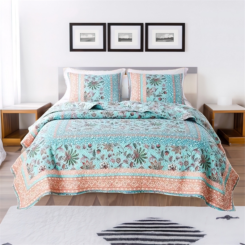 Pemberly Row 3-Piece Full/Queen Quilt with Floral Print in Blue & White