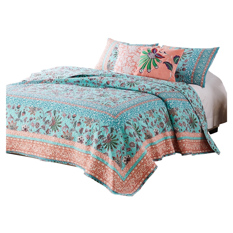Pemberly Row 3-Piece Full/Queen Quilt with Floral Print in Blue & White