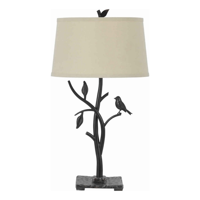 Pemberly Row Tree and Bird 150W Table Lamp with Shade in Black and Beige