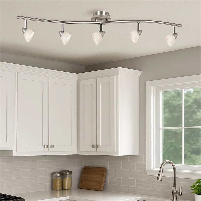 Pemberly Row 5-Light Track Fixture with Glass Shades in White & Silver