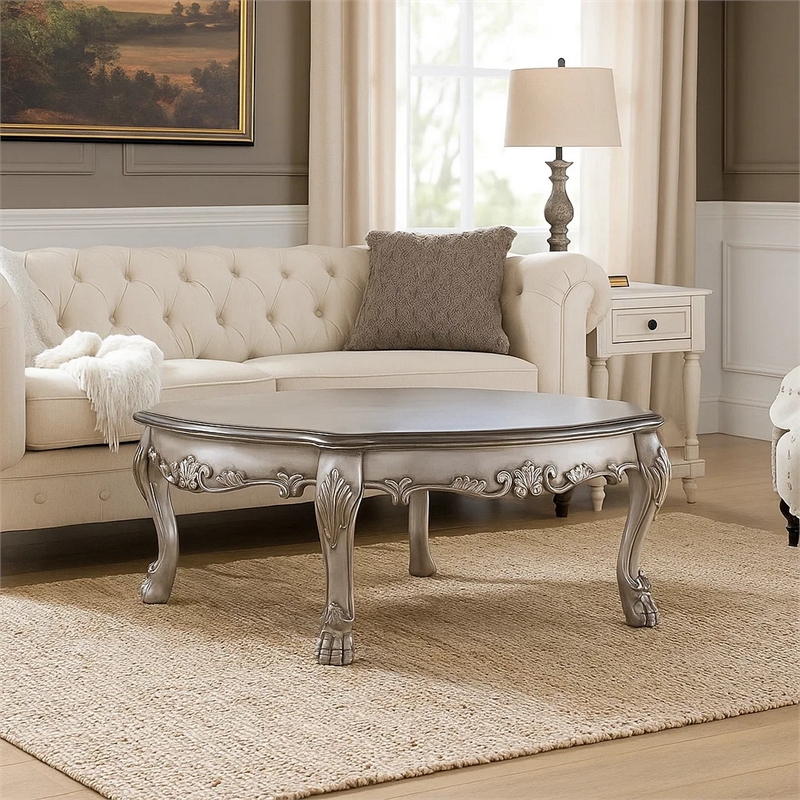 Pemberly Row Scalloped Top Coffee Table with Claw Legs in Antique Silver