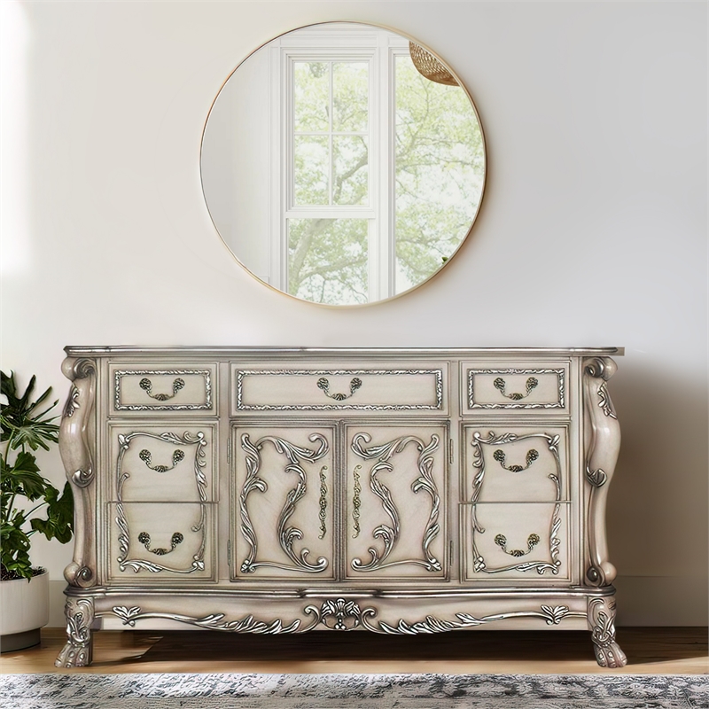 Pemberly Row 7-Drawer Nightstand with Carved Details in Antique Gray