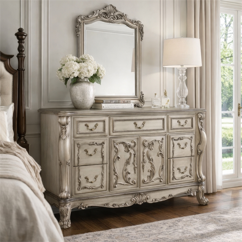 Pemberly Row 7-Drawer Nightstand with Carved Details in Antique Gray