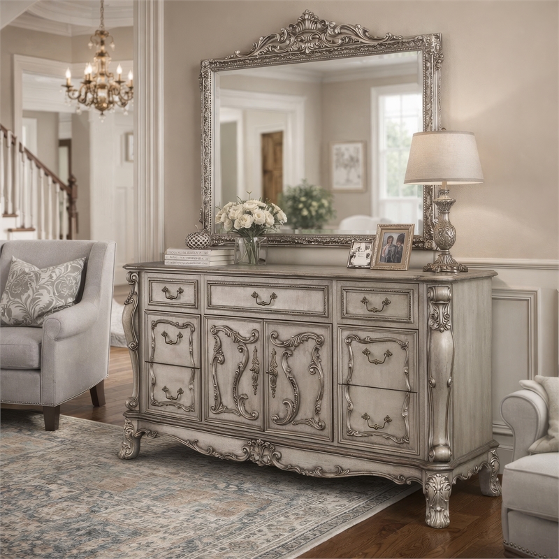 Pemberly Row 7-Drawer Nightstand with Carved Details in Antique Gray