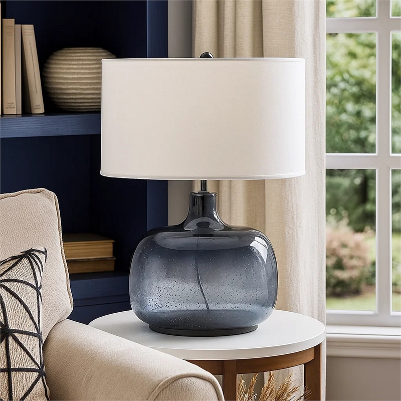 Pemberly Row Glass 150W Table Lamp with Shade and Bubble in Blue and White