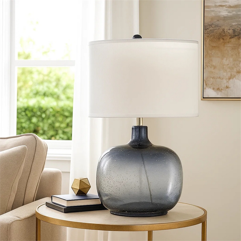Pemberly Row Glass 150W Table Lamp with Shade and Bubble in Blue and White