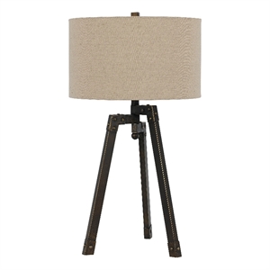 Pemberly Row Tripod 150W Table Lamp with Drum Shade in Bronze and Beige