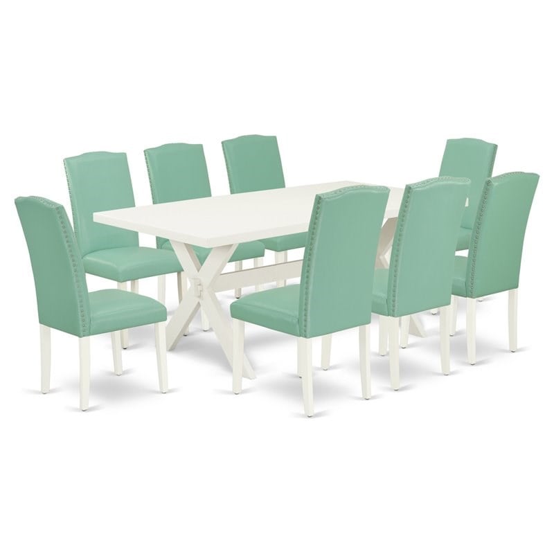Pemberly Row X-Style 9-Piece Dining Set in Mahogany and Dark Khaki