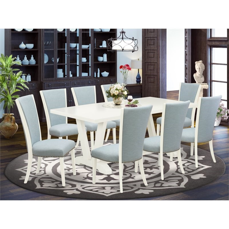 Pemberly Row 9-Piece Wood Dining Set with Fabric Seat in Linen White