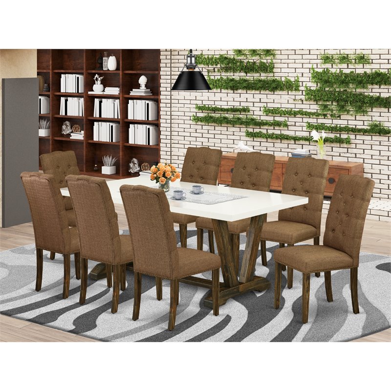 Pemberly Row V-Style 9-Piece Wood Dining Set with Brown Beige Upholstery