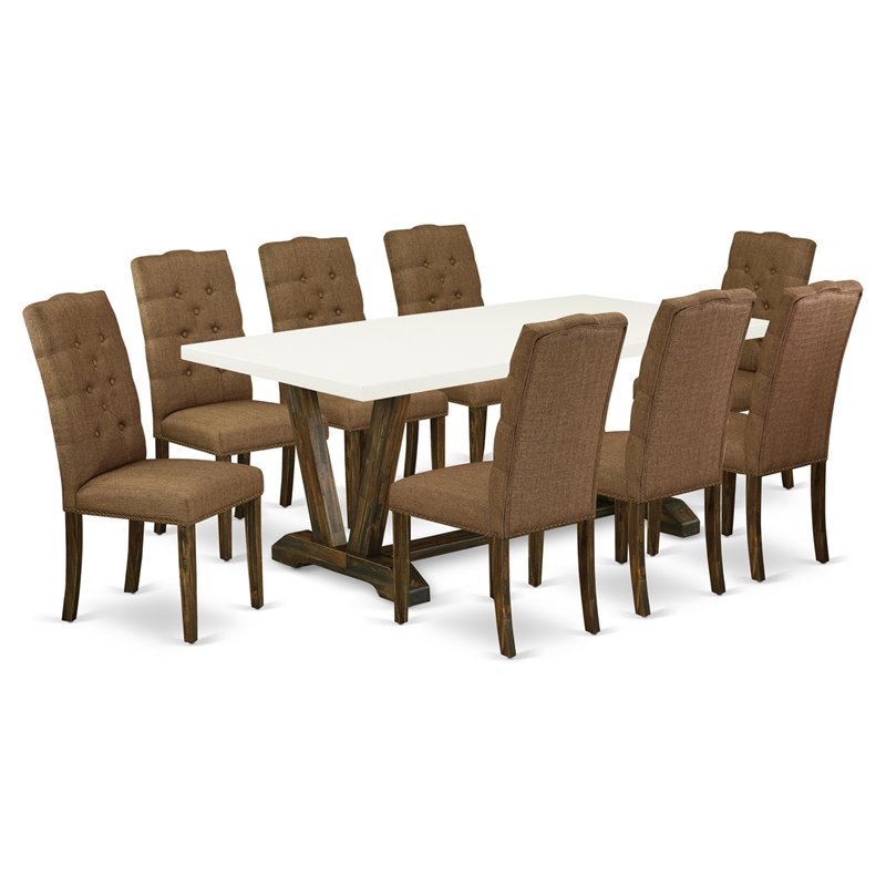 Pemberly Row V-Style 9-Piece Wood Dining Set with Brown Beige Upholstery