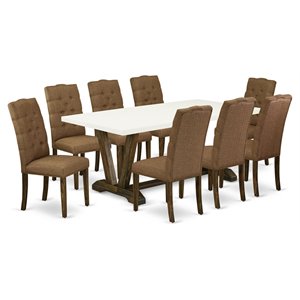 Pemberly Row V-Style 9-Piece Wood Dining Set with Brown Beige Upholstery