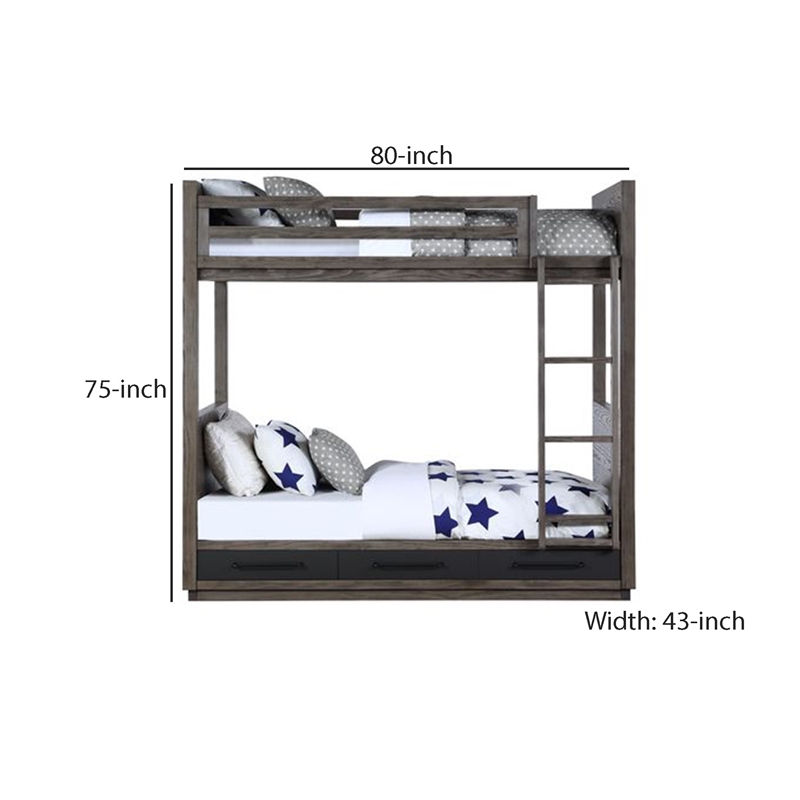Pemberly Row Twin Over Twin Bunk Bed with 3 Drawers and Guardrails in Gray
