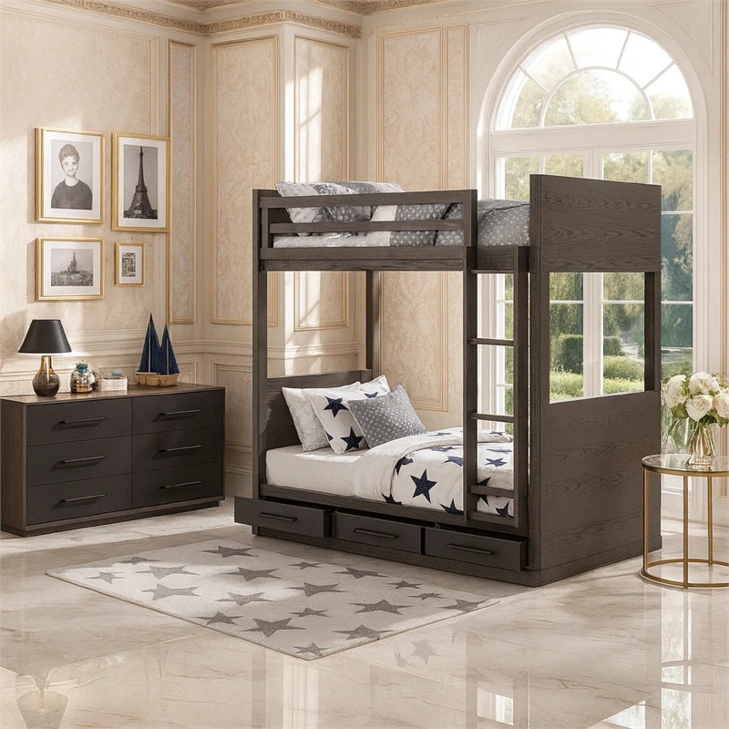 Pemberly Row Twin Over Twin Bunk Bed with 3 Drawers and Guardrails in Gray