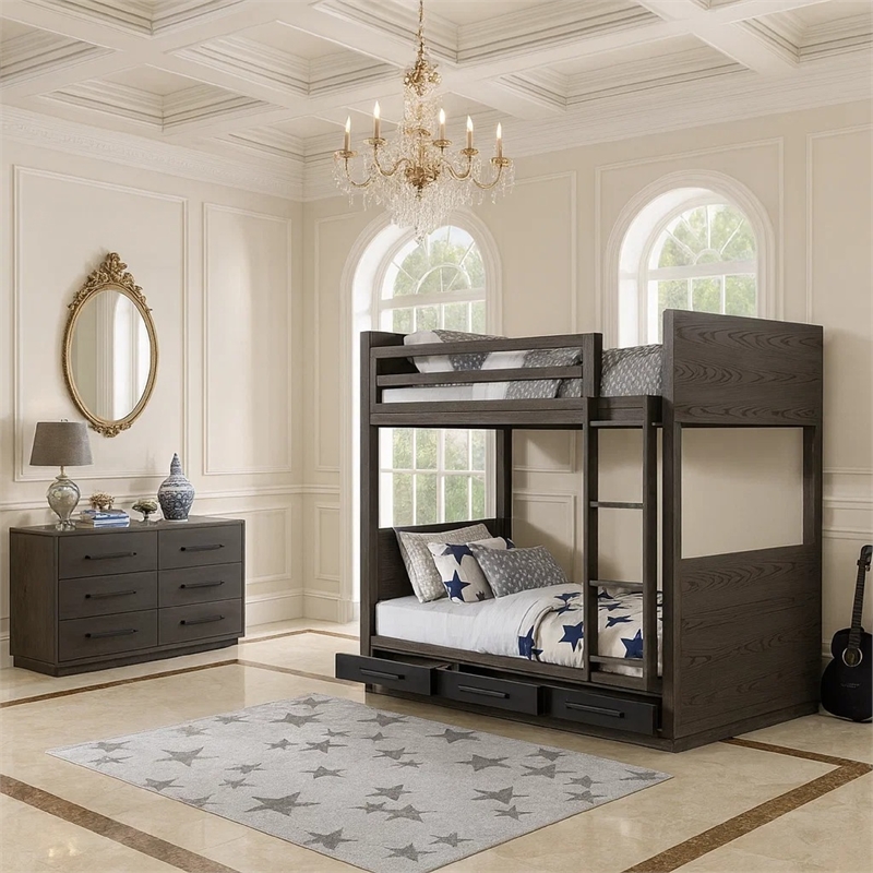 Pemberly Row Twin Over Twin Bunk Bed with 3 Drawers and Guardrails in Gray