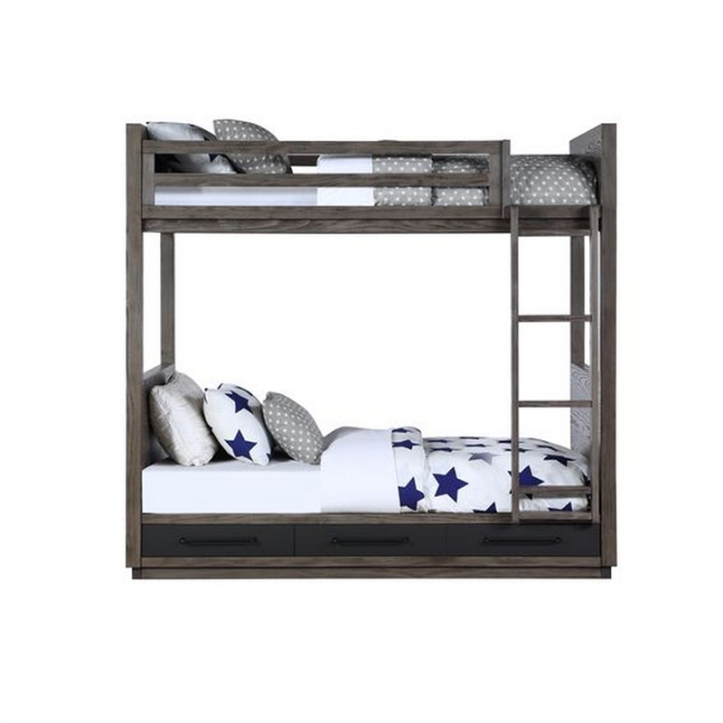 Pemberly Row Twin Over Twin Bunk Bed with 3 Drawers and Guardrails in Gray