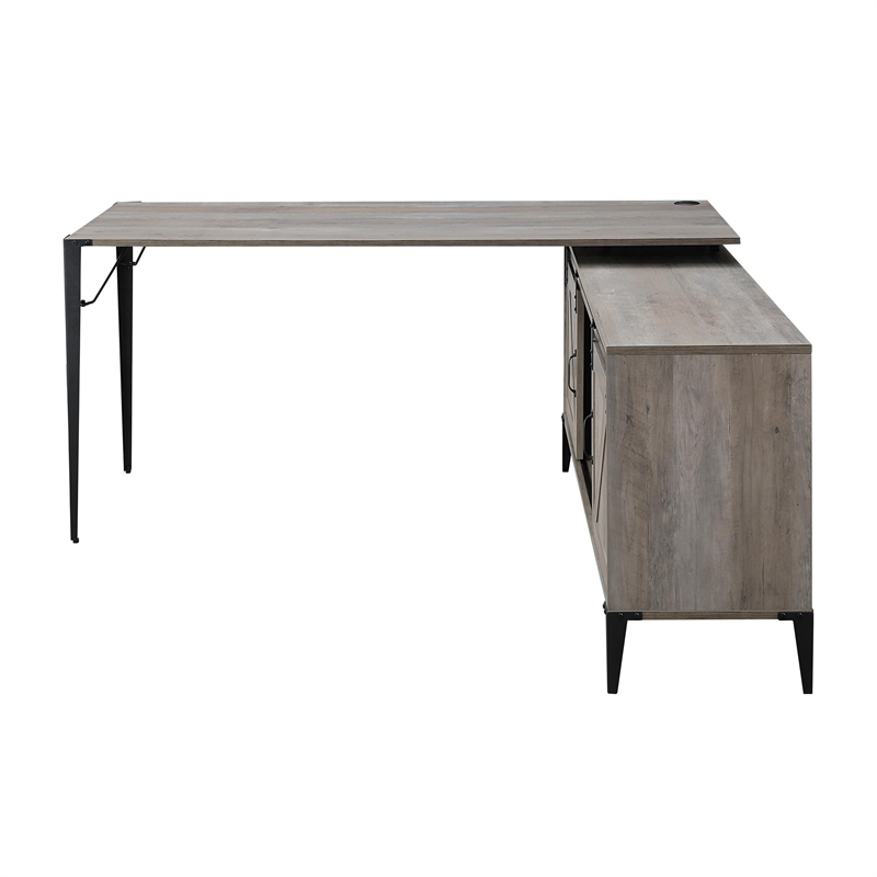 Pemberly Row L-Shaped Writing Desk with 2 Doors and 6 Compartments in Gray