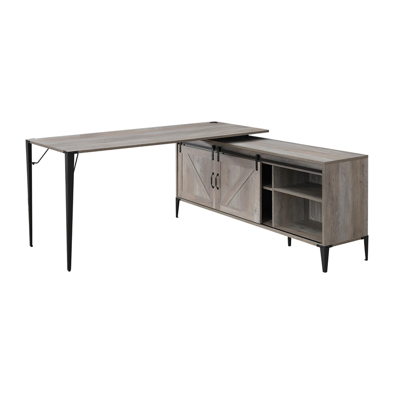 Pemberly Row L-Shaped Writing Desk with 2 Doors and 6 Compartments in Gray