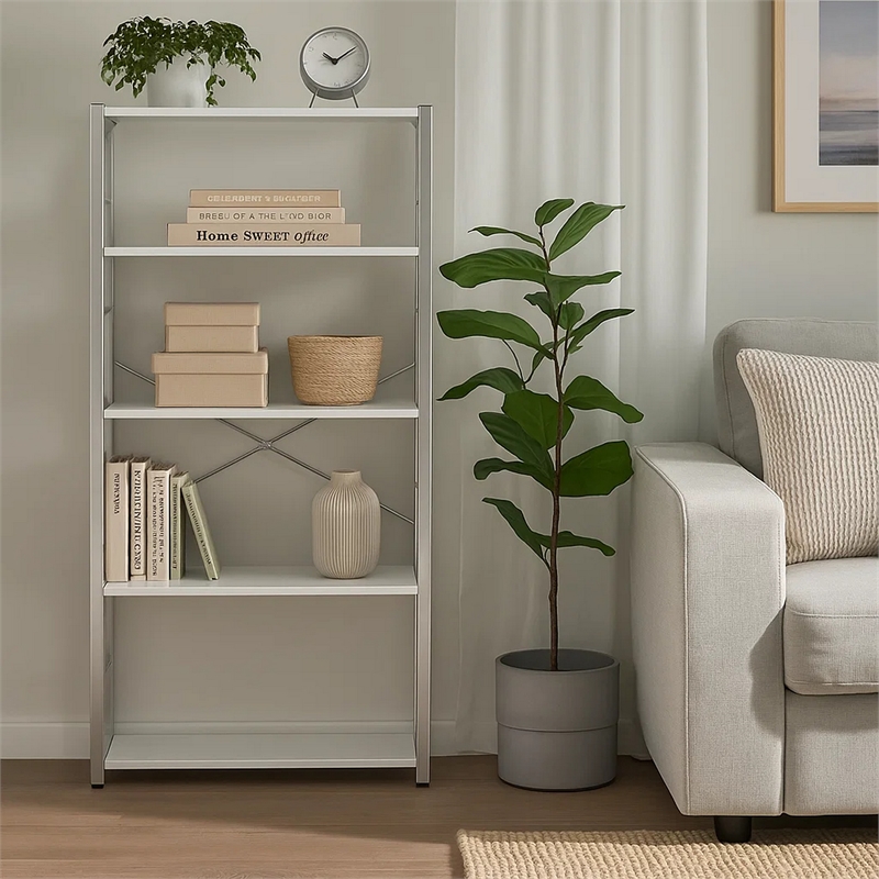 Pemberly Row Bookshelf with X-Shaped Bar and Frame in Chrome and White
