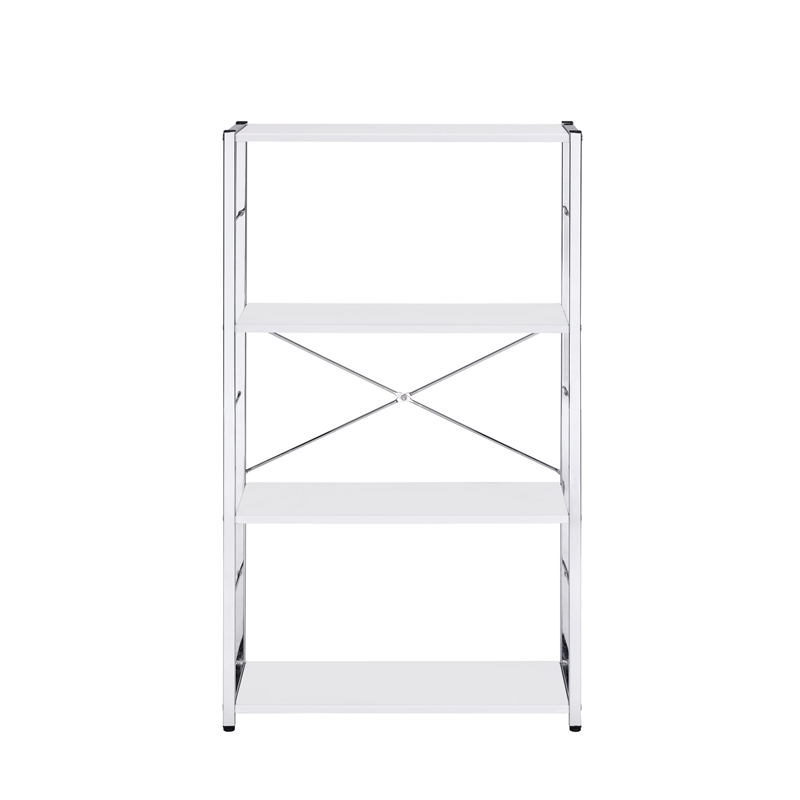 Pemberly Row Bookshelf with X-Shaped Bar and Frame in Chrome and White