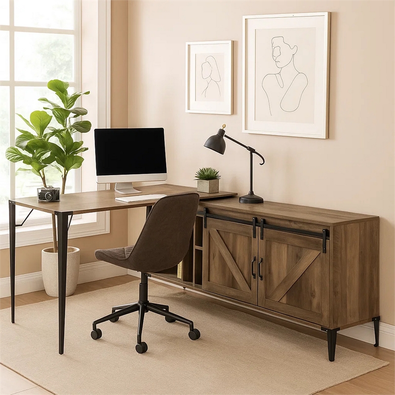 Pemberly Row L-Shaped Desk with 2 Doors and 6 Compartments in Brown