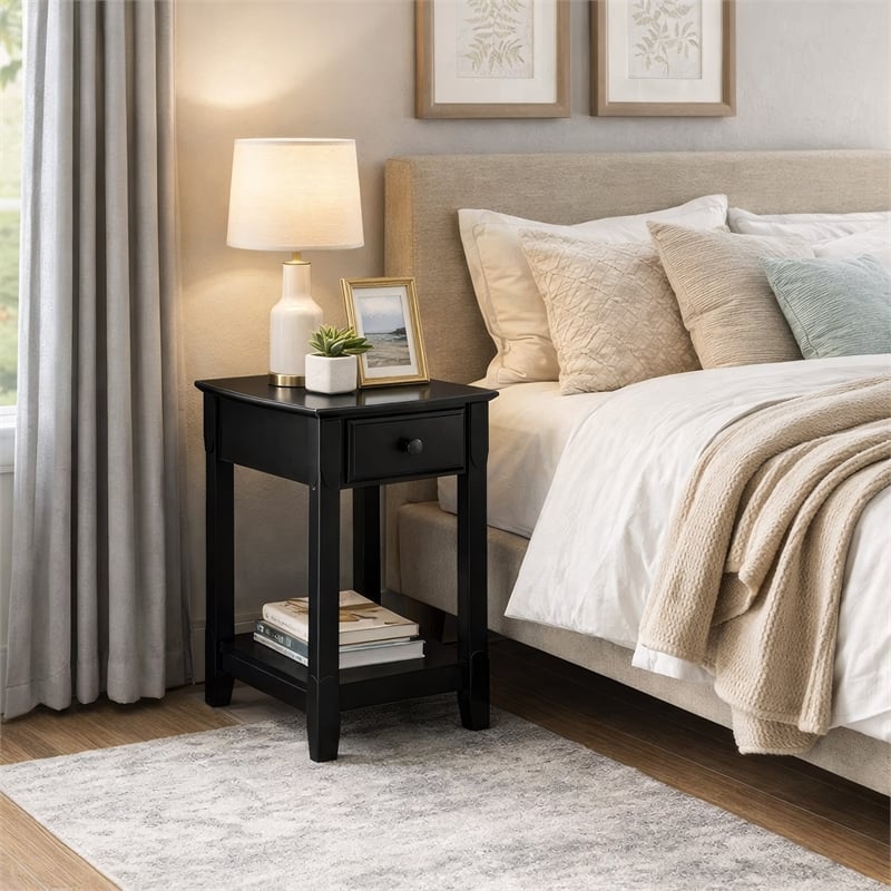 Pemberly Row Wood Accent Table with 1 Drawer and Bottom Shelf in Black
