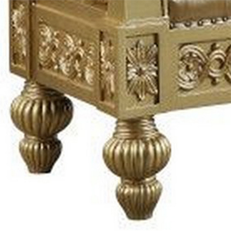Pemberly Row Leather Tufted Bench with Floral Carving and Trim in Gold