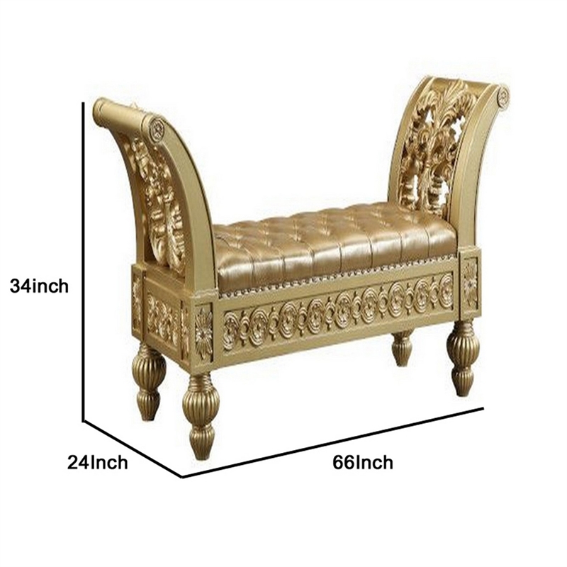 Pemberly Row Leather Tufted Bench with Floral Carving and Trim in Gold