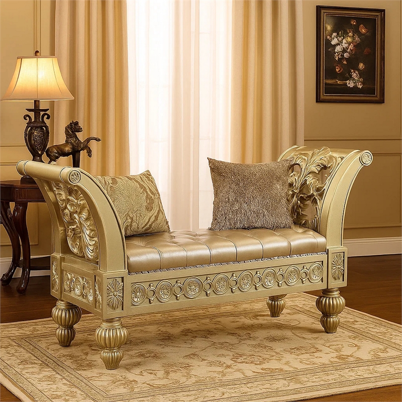 Pemberly Row Leather Tufted Bench with Floral Carving and Trim in Gold