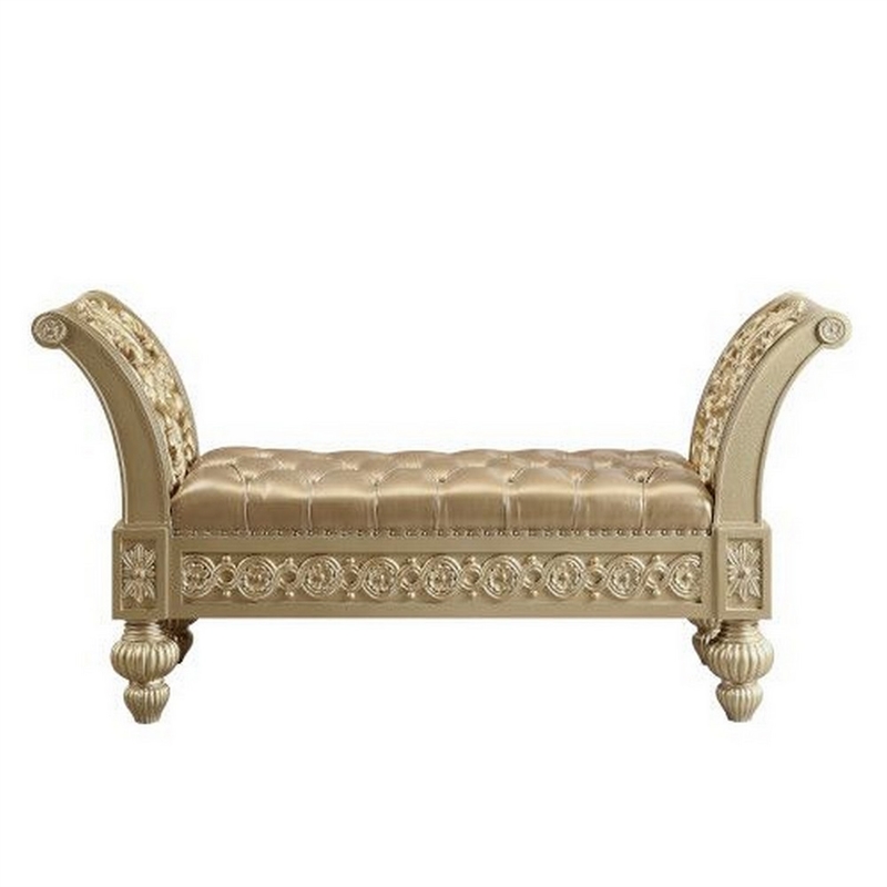 Pemberly Row Leather Tufted Bench with Floral Carving and Trim in Gold