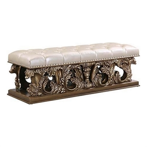 Pemberly Row Leather Tufted Bench with Scrolled Carvings in Antique Gold