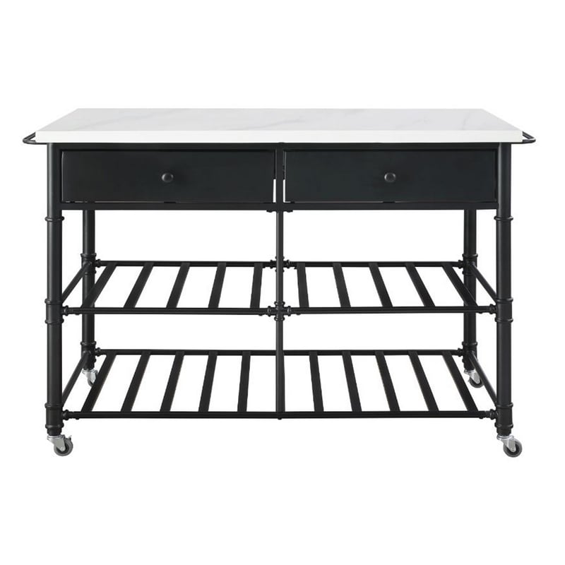 Pemberly Row Kitchen Island with Marble Top & 2 Drawers in Black and White