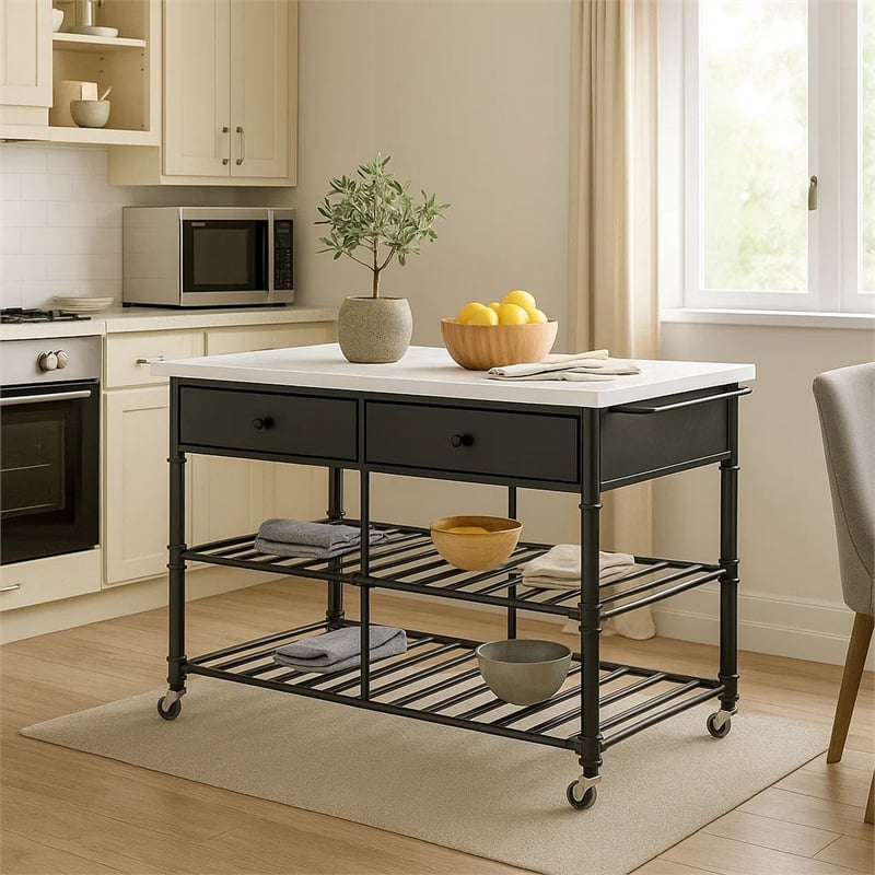 Pemberly Row Kitchen Island with Marble Top & 2 Drawers in Black and White
