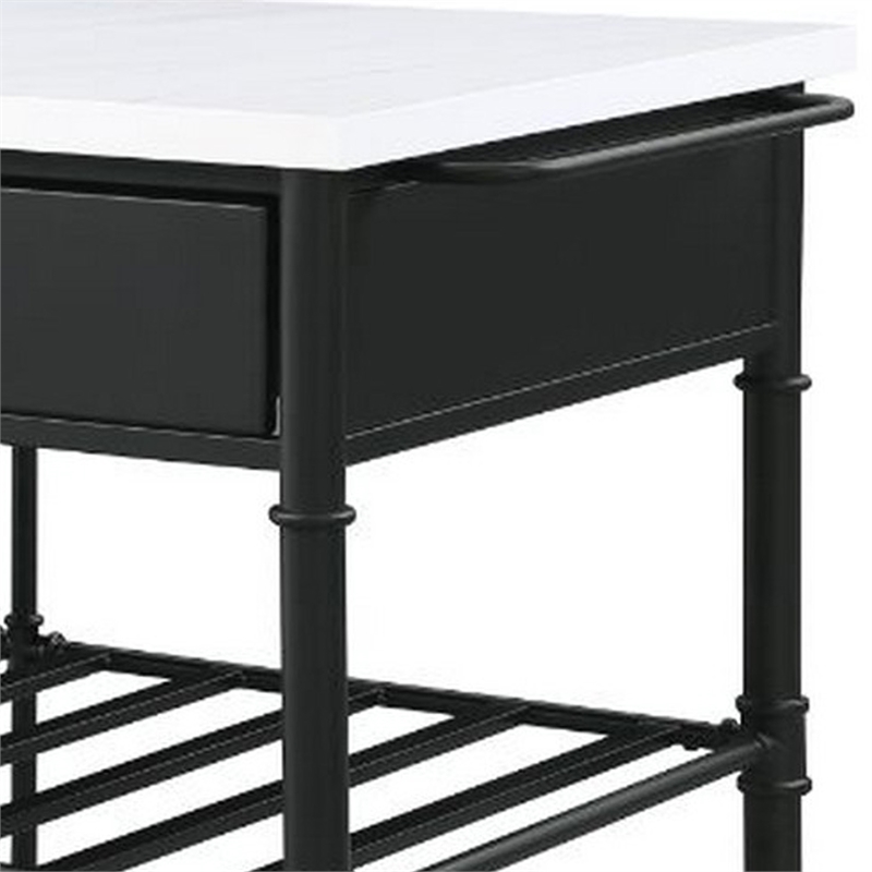 Pemberly Row Kitchen Island with Marble Top & 2 Drawers in Black and White