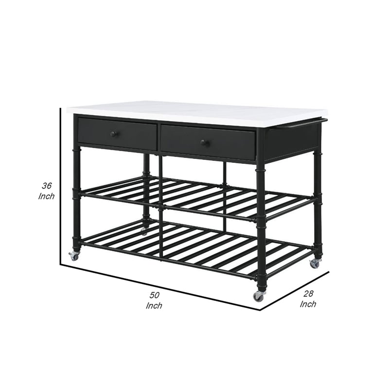 Pemberly Row Kitchen Island with Marble Top & 2 Drawers in Black and White