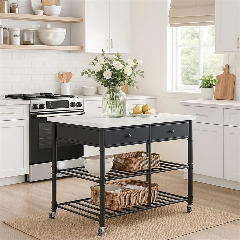 Pemberly Row Kitchen Island with Marble Top & 2 Drawers in Black and White