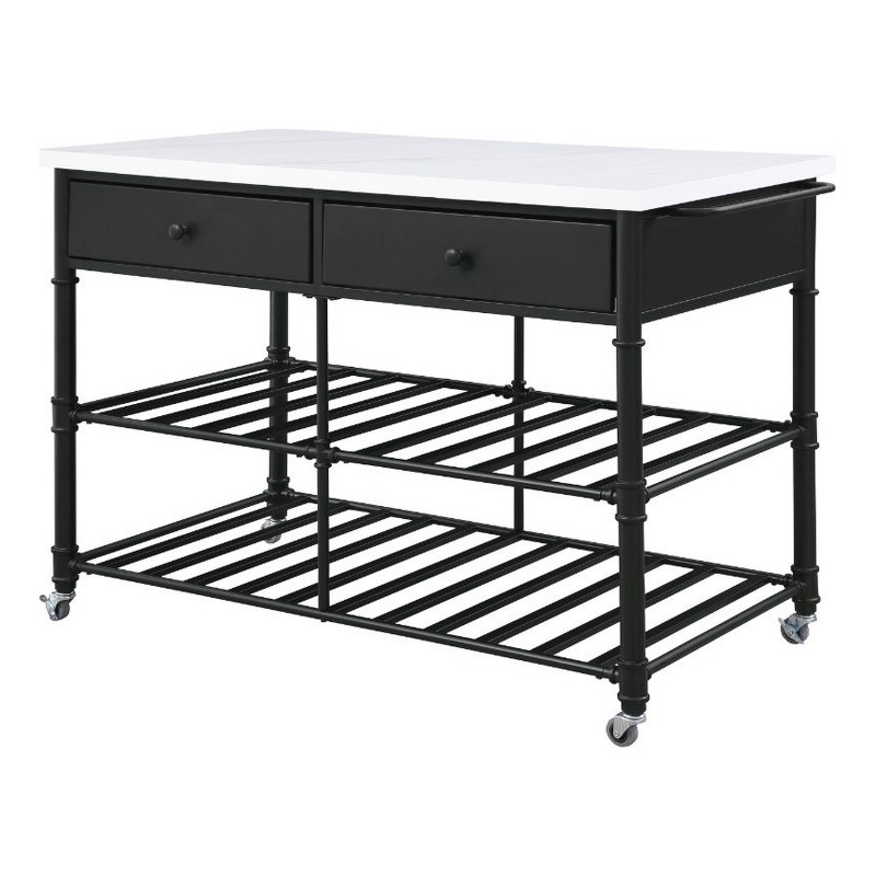 Pemberly Row Kitchen Island with Marble Top & 2 Drawers in Black and White