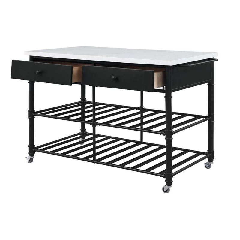 Pemberly Row Kitchen Island with Marble Top & 2 Drawers in Black and White