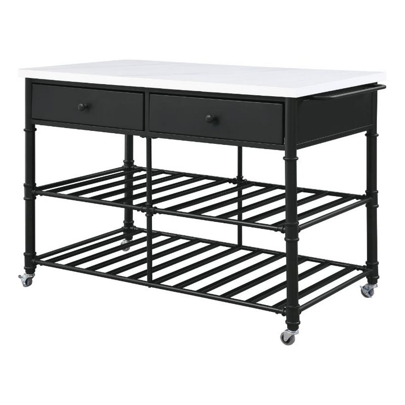 Pemberly Row Kitchen Island with Marble Top & 2 Drawers in Black and White