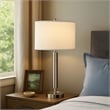 Pemberly Row 100W Table Lamp with Drum Shade and Outlet in White & Silver