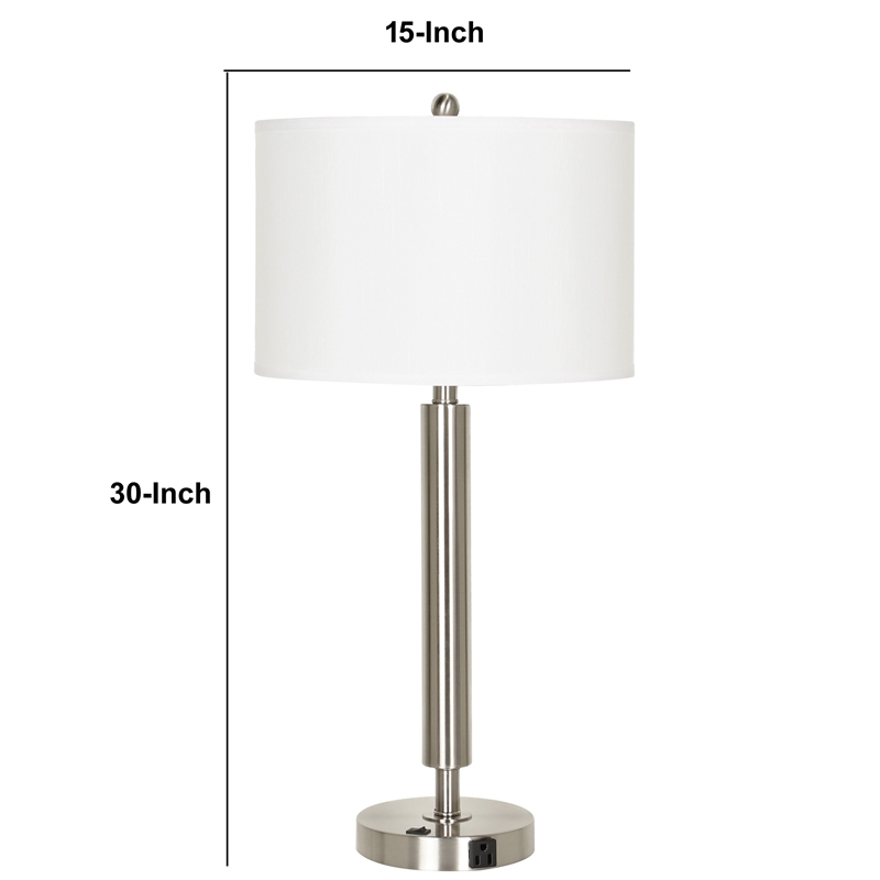 Pemberly Row 100W Table Lamp with Drum Shade and Outlet in White & Silver