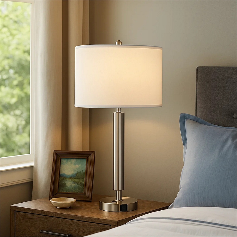 Pemberly Row 100W Table Lamp with Drum Shade and Outlet in White & Silver