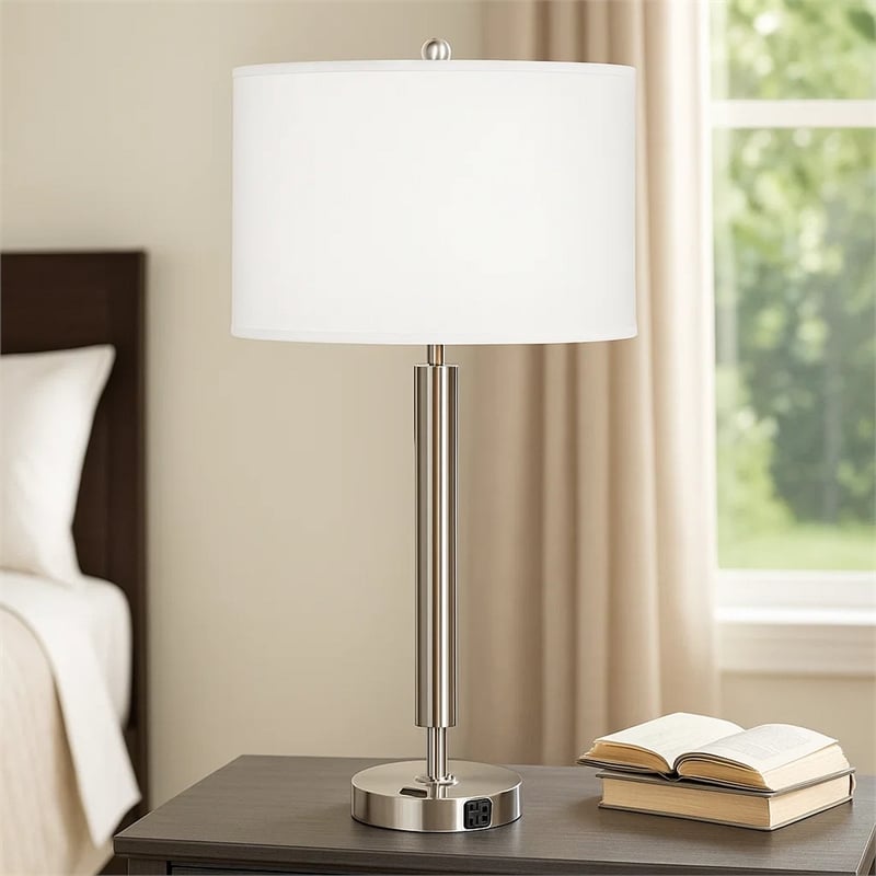 Pemberly Row 100W Table Lamp with Drum Shade and Outlet in White & Silver