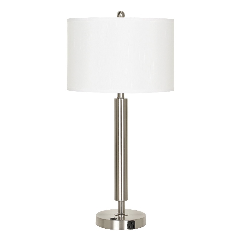 Pemberly Row 100W Table Lamp with Drum Shade and Outlet in White & Silver