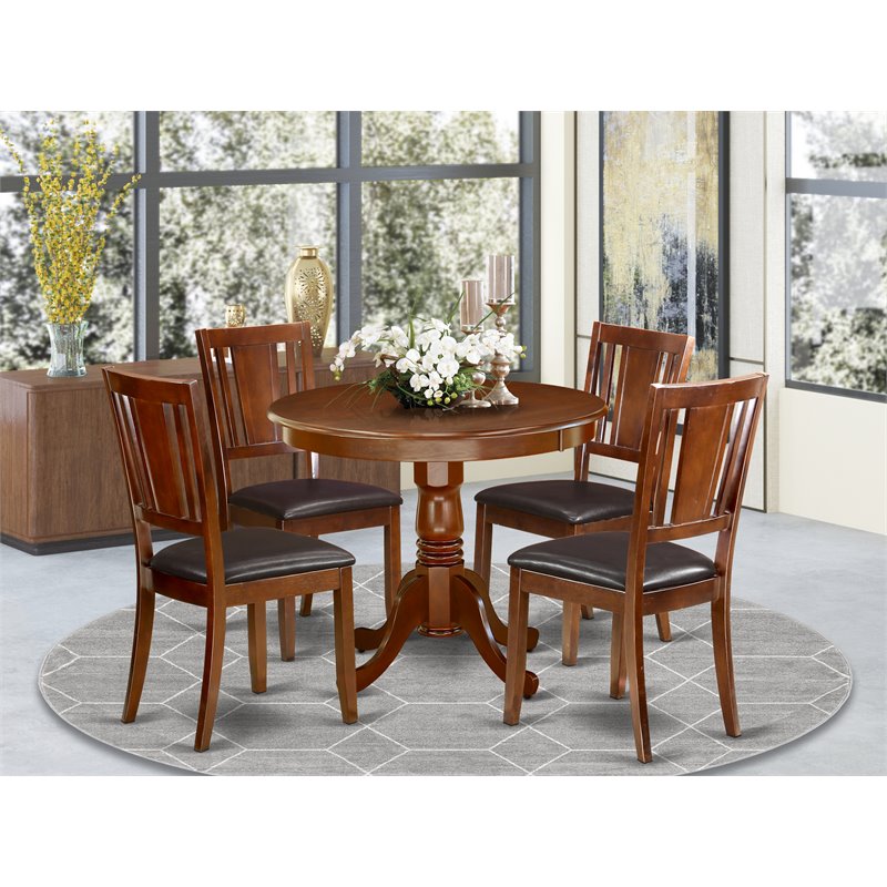 Pemberly Row 5-Piece Wood Dining Set in Mahogany with Faux Leather Seats