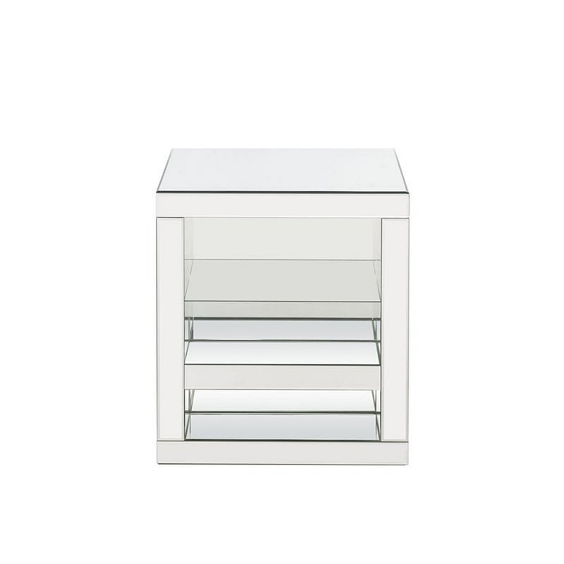 Pemberly Row C-Shaped Table with Mirrored Panels and Glass Shelf in Silver