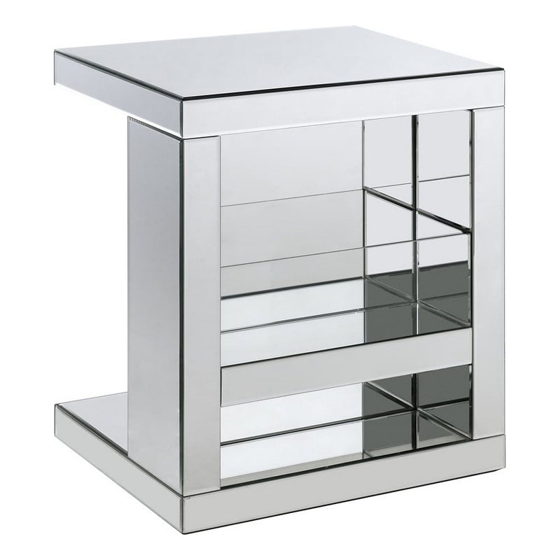 Pemberly Row C-Shaped Table with Mirrored Panels and Glass Shelf in Silver