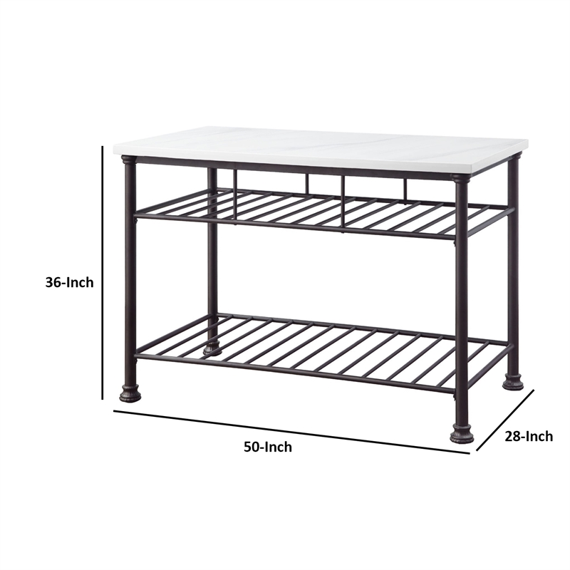 Pemberly Row Kitchen Island with Marble Top and 2 Metal Shelves in White