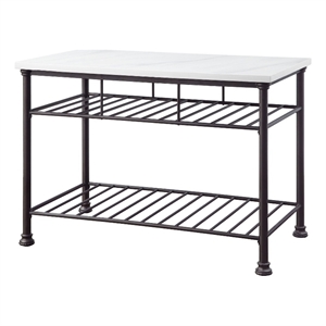 Pemberly Row Kitchen Island with Marble Top and 2 Metal Shelves in White